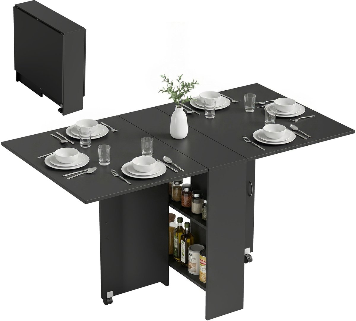 Opvouwbare keukentafel met wieltjes, demonteerbaar – met 2 ingebouwde legplanken, 75 x 140 x 74 cm (l x b x h) – zwart