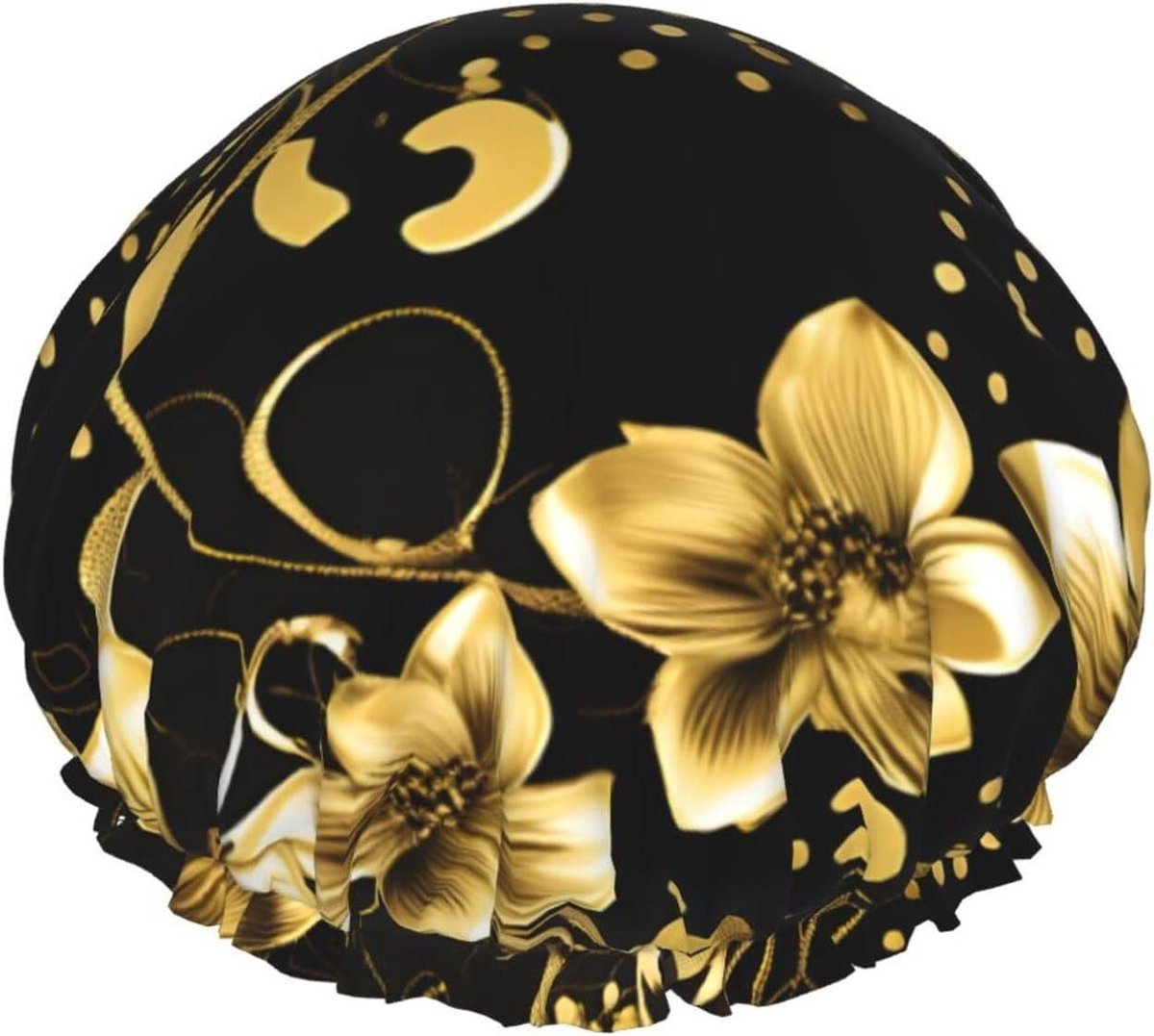 Douchemuts Bloemenprint - Haarmuts Waterdicht - Haar Beschermen - Dubbellaags Waterbestendig - 27 cm Diameter - Zwart Goud