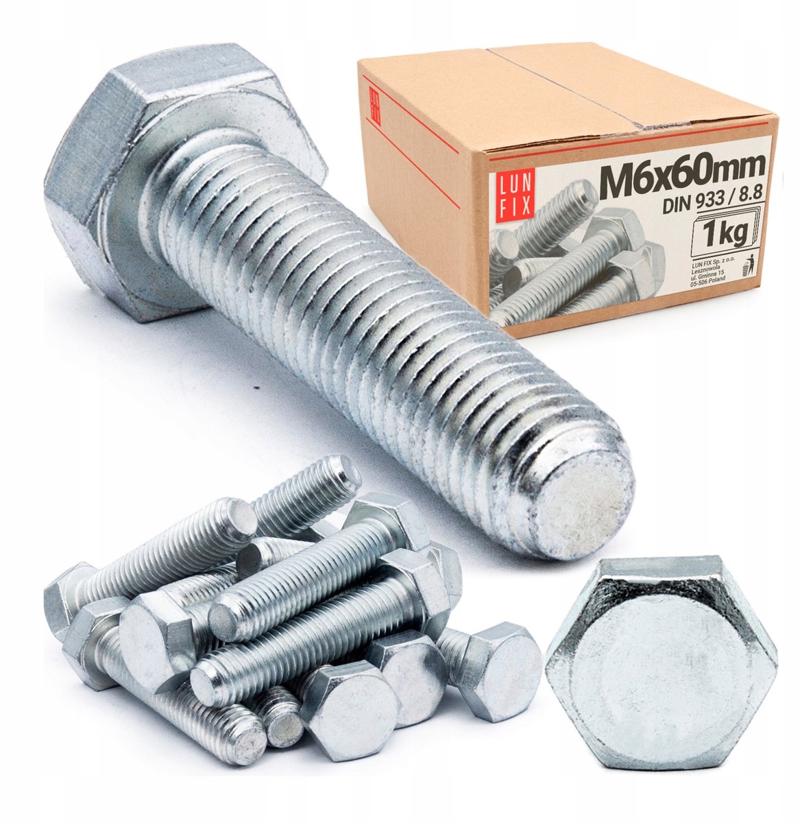 LUN FIX - Zeskantbout M6x60 verzinkt DIN 933 klasse 8.8 deeldraad - 1kg