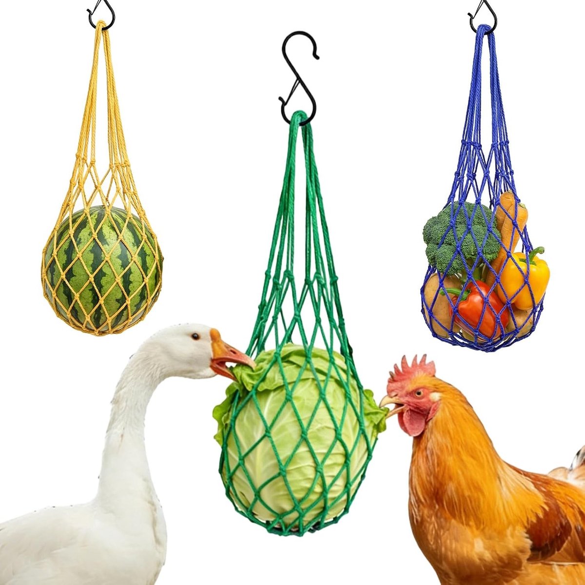 Set van 3 hangende voedernetten voor kippen en kleine dieren, groentehouder met haken, 60 cm, ideaal voor gevarieerde voeding en speeltijd