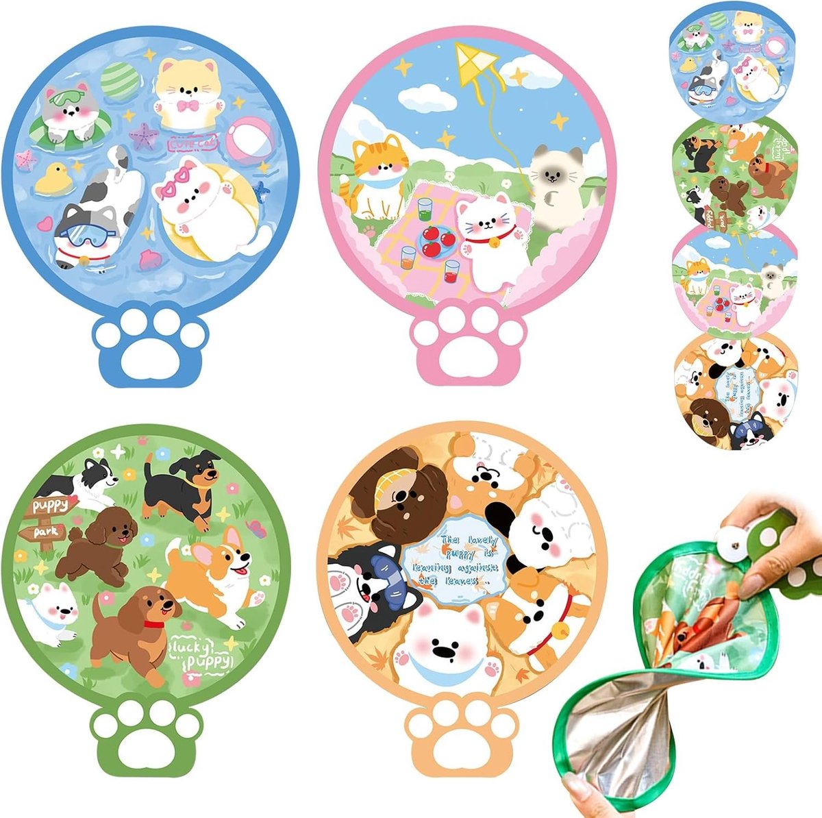 Set van 4 Opvouwbare Handventilatoren - Diverse Kleuren - 20 cm - Duurzaam Polyester met Cartoon Ontwerpen - Voor Feesten en Buitenevenementen