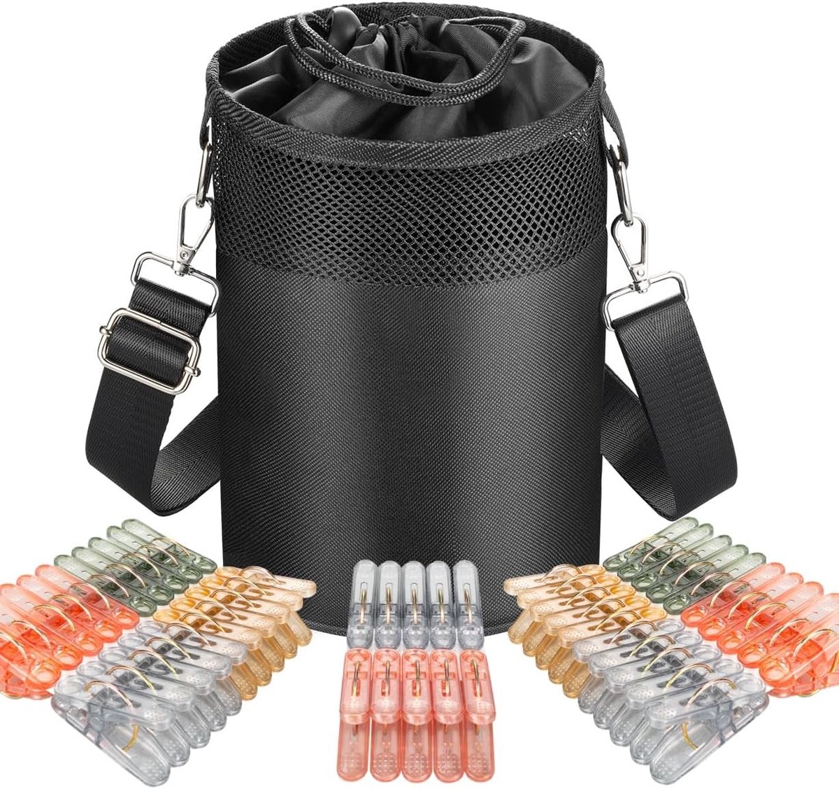 Wasknijperzak met schouderriem en ophanglus, handige organizer voor 150-200 wasknijpers inclusief 50 extra wasknijpers en klemmen