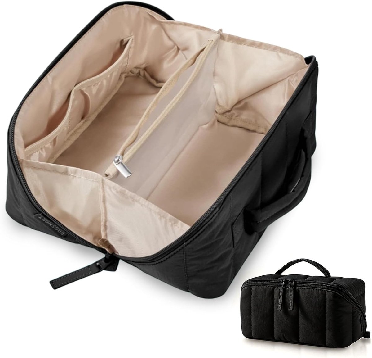Waterdichte Make-up Tas met Grote Capaciteit, Handvat en Scheidingsinzet voor Reizen, Dagelijks Gebruik en Toilettas, Zwart en Luxe Ontwerp