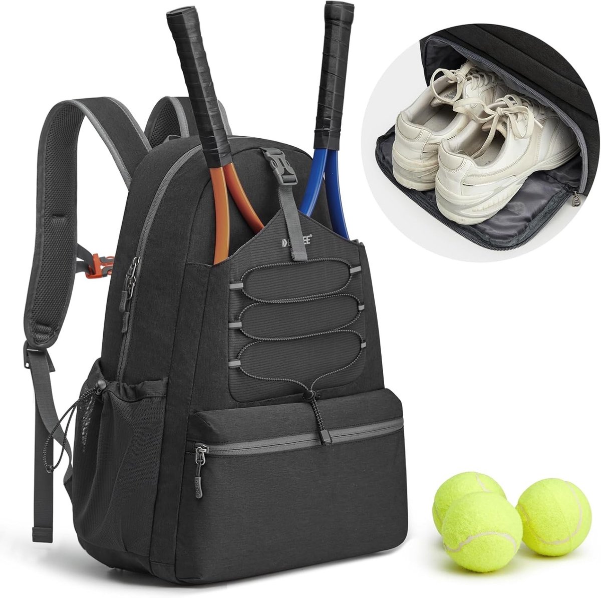 Tennisrugzak - Zwart - 15,7 x 9,06 x 20,5 inch - Grote Sporttas met Schoencompartiment - Voor Dames en Heren