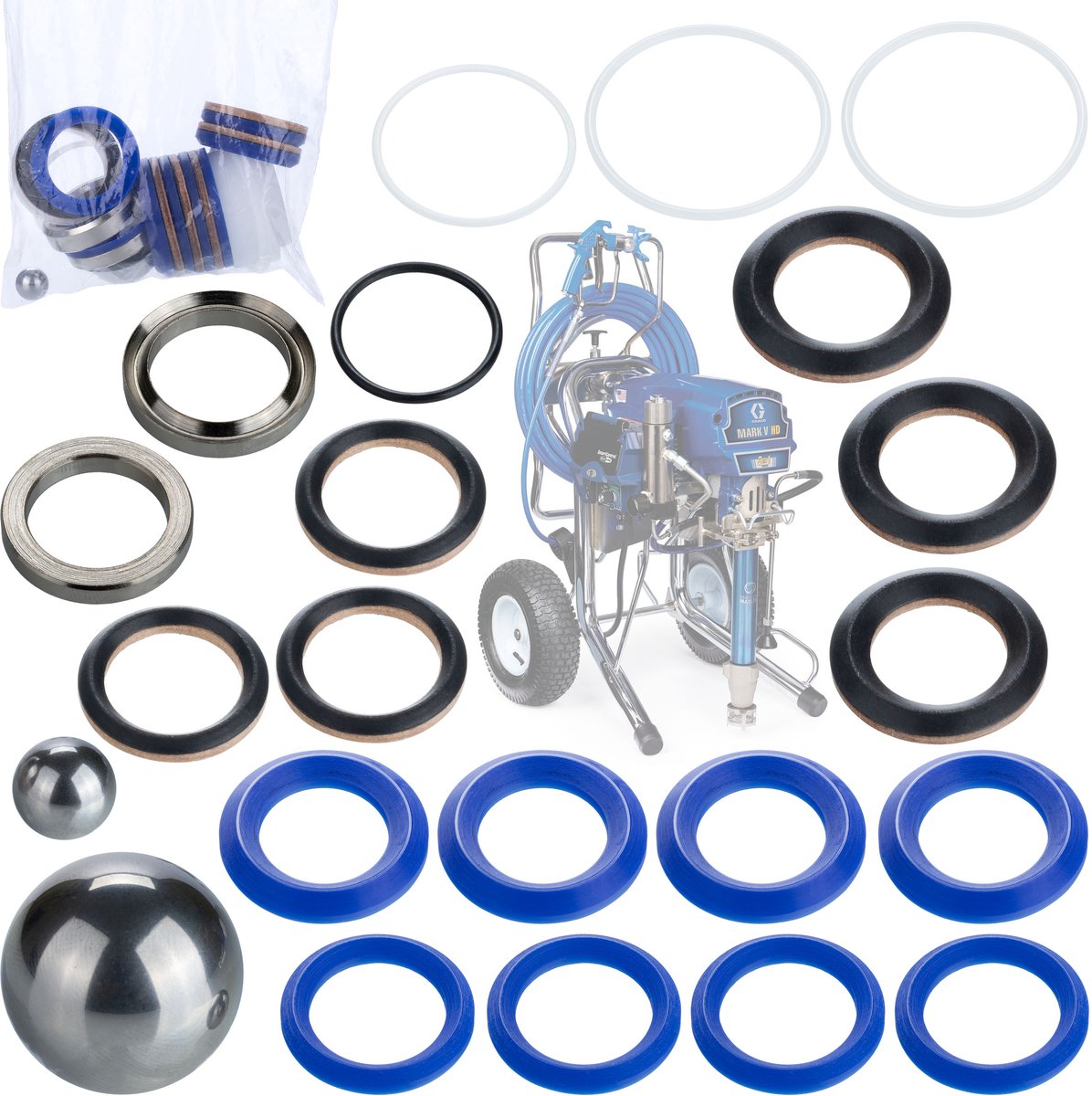 Rosfix Reparatieset Pomp Vervanging - Met Stalen Kogels - Leren Afdichtingen PTFE V-Ring O-ringen - Geschikt voor Graco
