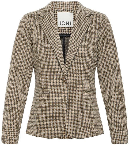 Een beige ICHI damesblazer met een ruitpatroon in bruin en grijs, met één knoopsluiting.
