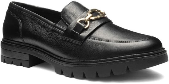 Zwarte leren Ara loafer met gouden gesp en dikke profielzool, zijaanzicht.