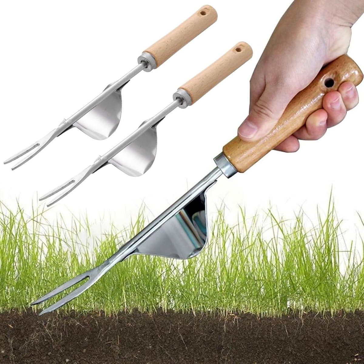 Handmatige Onkruidsteker van Roestvrij Staal met Houten Handvat - 2 Stuks voor Efficiënt Wieden, Wortelverwijdering en Tuinonderhoud