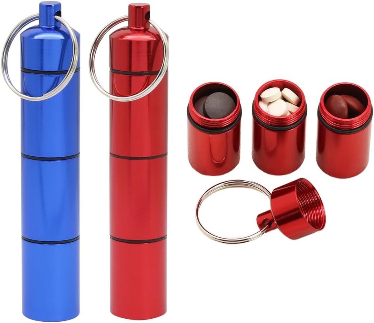 Compacte en draagbare pillenorganizer met twee metalen pillendoosjes en sleutelhanger, ideaal voor reizen en medicatiebeheer.