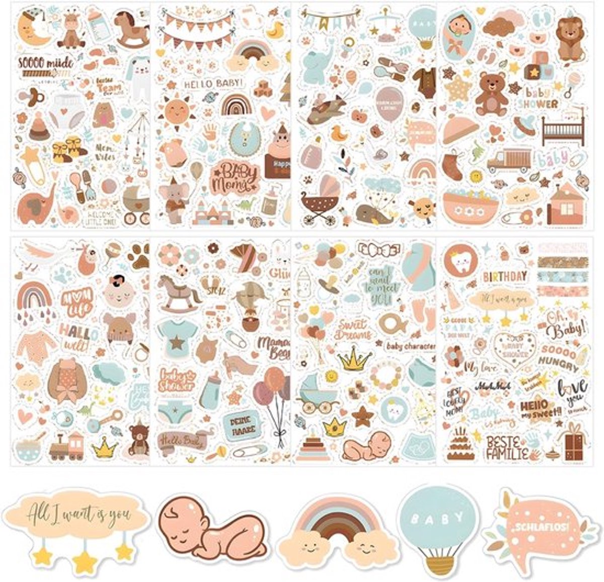 408 stuks A4-stickers, fotoalbum voor baby's, 8 sets babyfotoalbum, stickers voor fotoalbum, stickers voor fotoalbum, geschikt voor babyalbums, moederschapsdagboeken, doopjes, verzamelalbums
