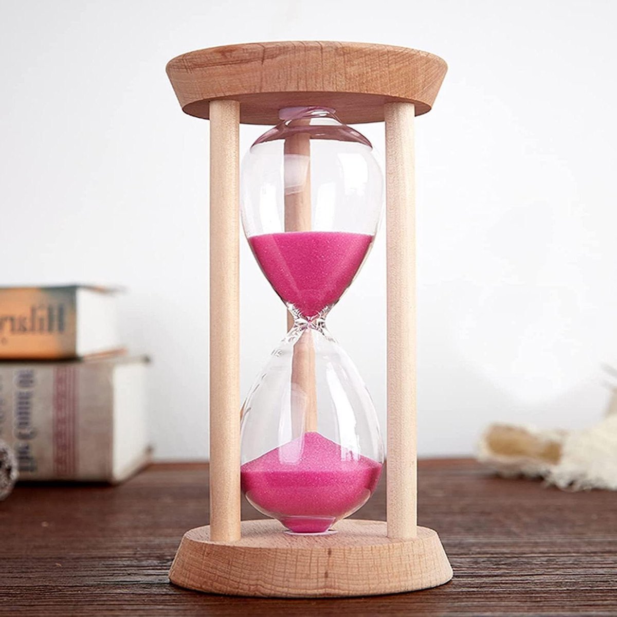 Zandloper Timer - Zandklok Keuken - Tijd Meten - Massief Houten Frame - 10x5.1cm - Roze Zand