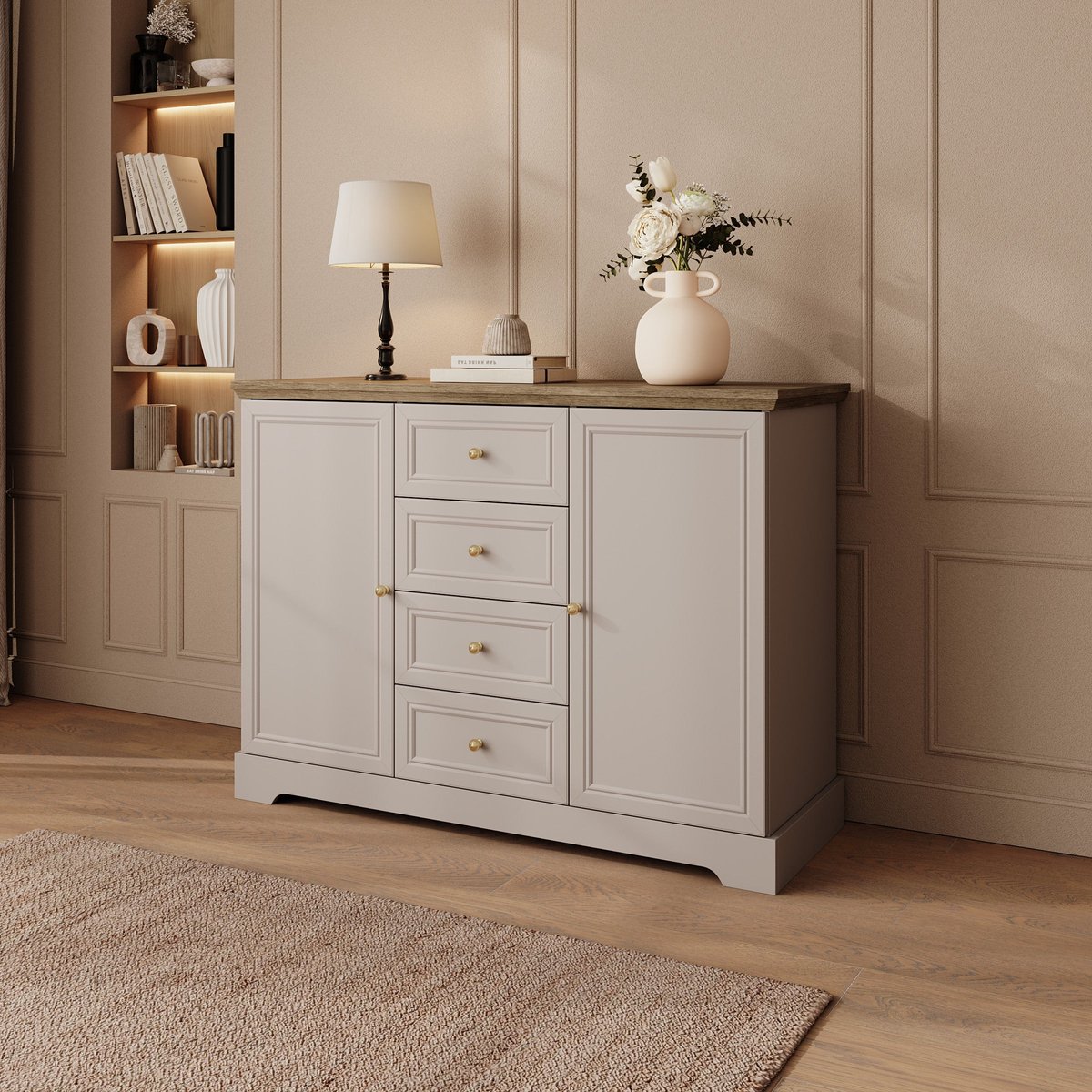 Meubella - Kresto - Dressoir - Beige/Eikenpatroon - 125x46x91 cm
