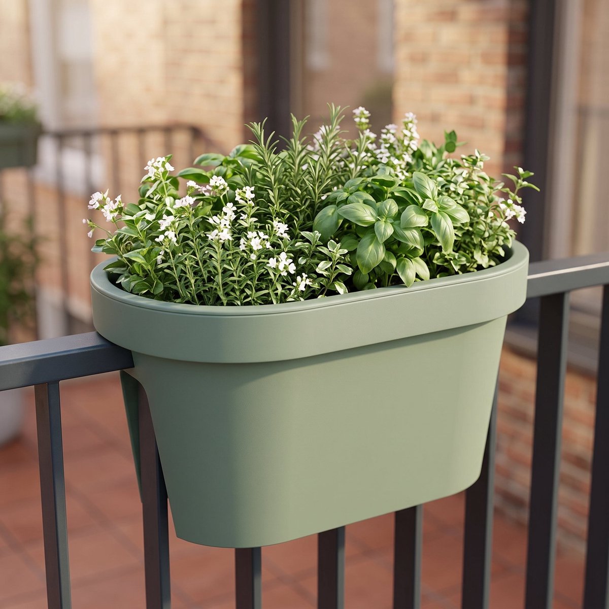 Cheqo® Balkonbak Saliegroen - Bloembak - Plantenbak voor Reling - Bloempot - Plantenpot - Hangende Plantenbak voor Balkonleuning - Ovale Balkonbak voor Buiten - Bloembak voor Balkon en Schutting - Groene Plantenbak voor Tuin en Terras
