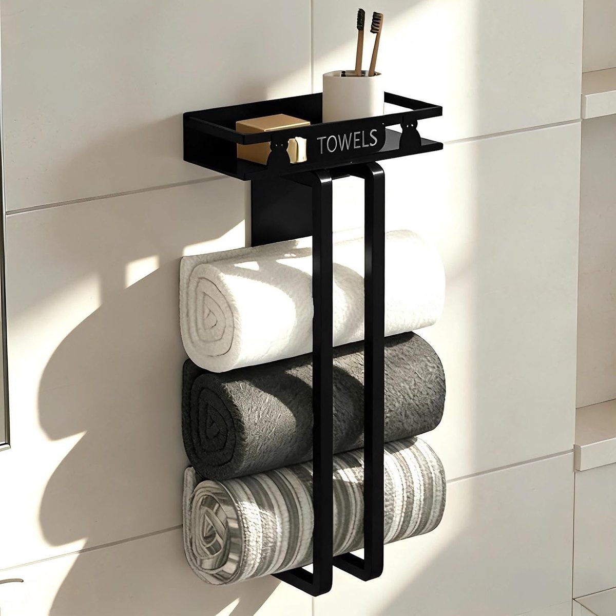 Handdoekrek voor radiator - Zwart - 40 x 8 cm - Koolstofstaal met Opbergplank - Voor Badkamer en Keuken