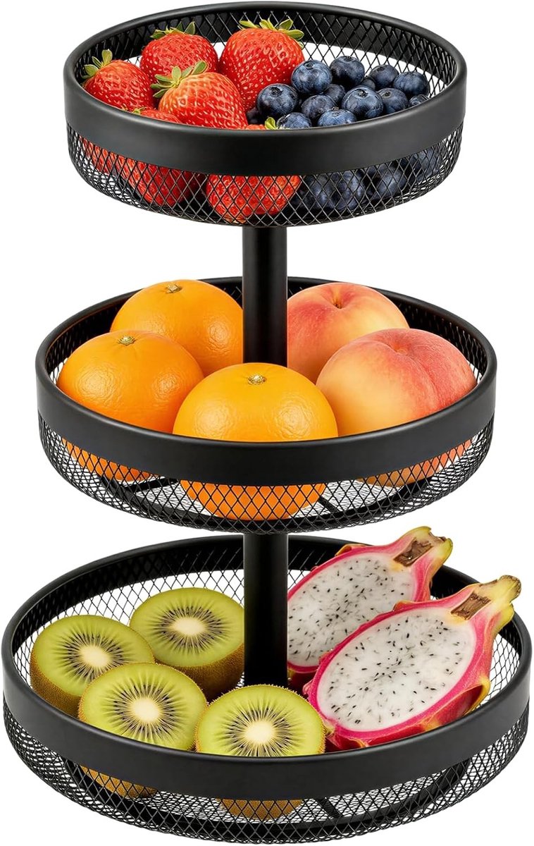 Ronde metalen fruitmand met 3 lagen – Ruimtebesparende opbergoplossing voor fruit, groenten en snacks in de keuken en woonkamer. Stevig en decoratief.