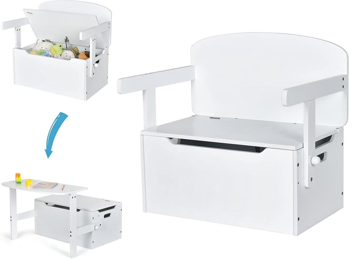 Kindermeubel - Opbergbank Tafel - Spelen en Leren - 3-in-1 Functie - 60 x 42 x 57 cm - Wit
