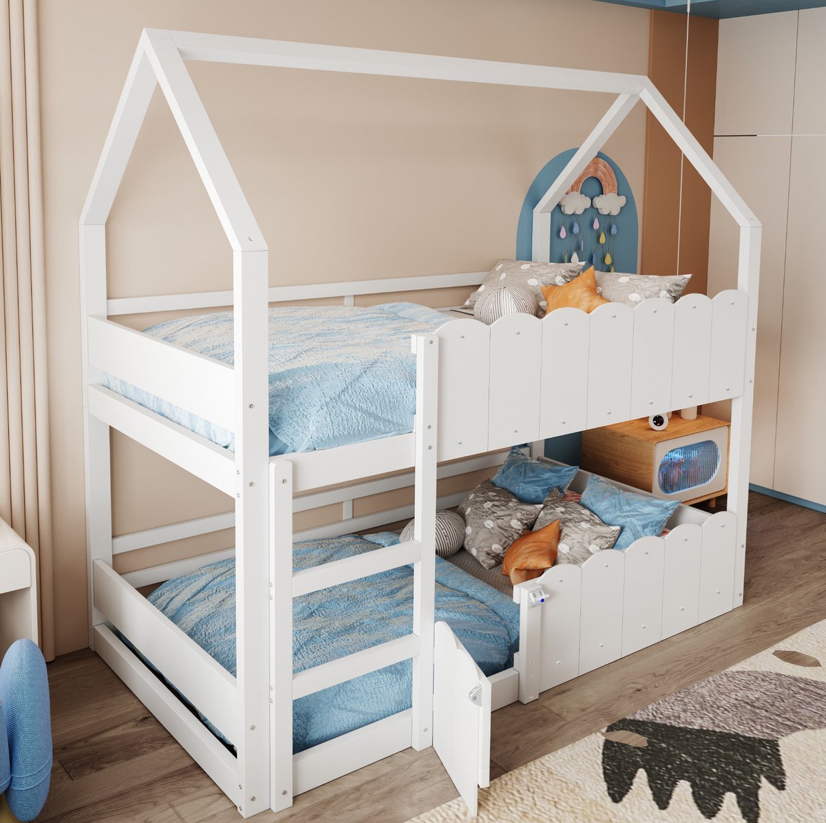 COVREO Stapelbed 90x200 cm wit hout, huisdesign met ladder en leuningen