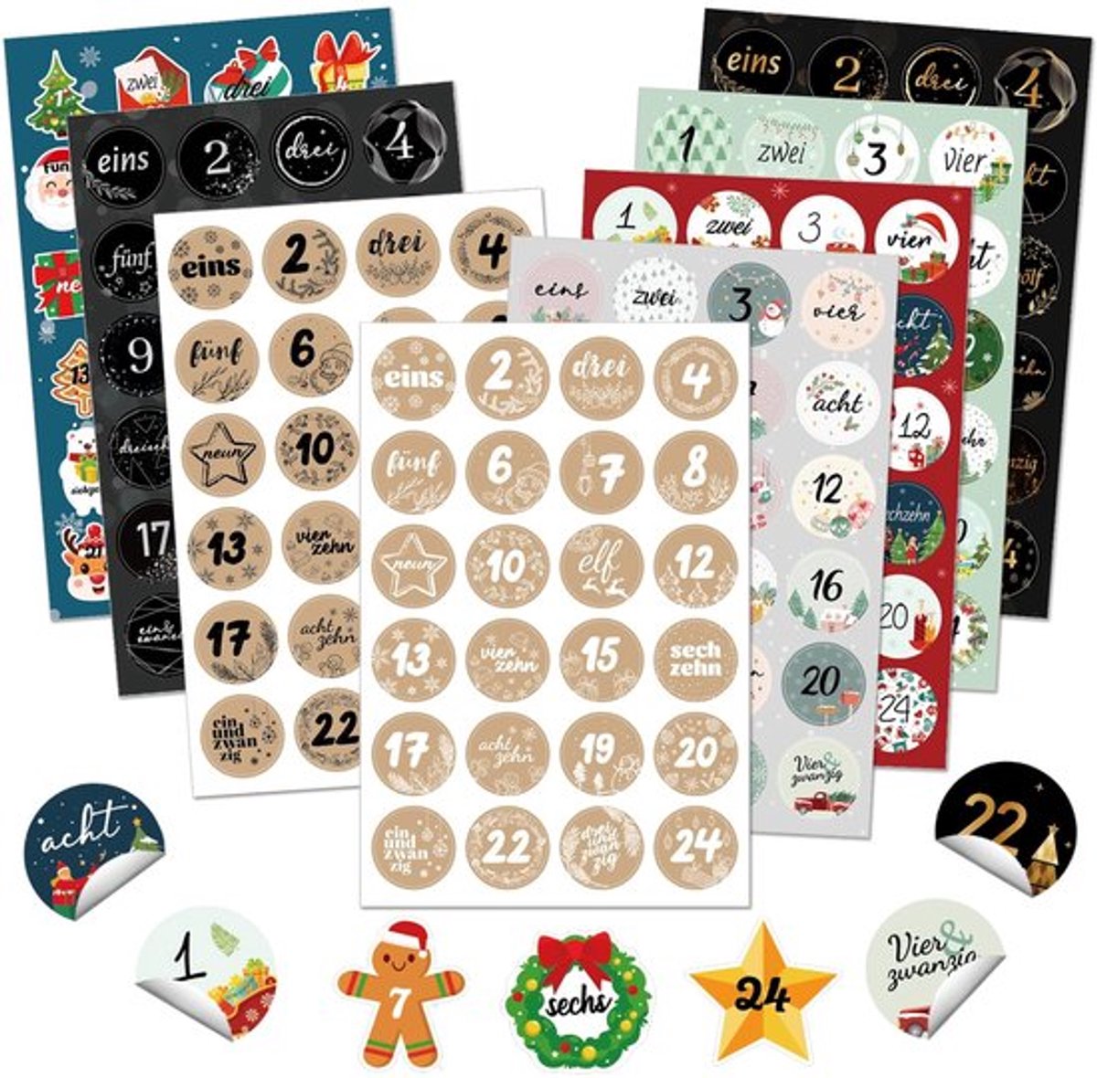 Adventskalender 2024 - 8 x 24 Cijferstickers - Zelfklevende Stickers - Kerstmis - Knutselen - Klassiek Kerstdesign - Kerststickers