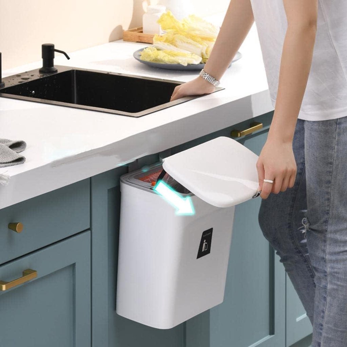 Compostemmer Keuken - Afvalbak GFT - Afval Scheiden - Ophangbaar Deksel - 9 liter - Wit