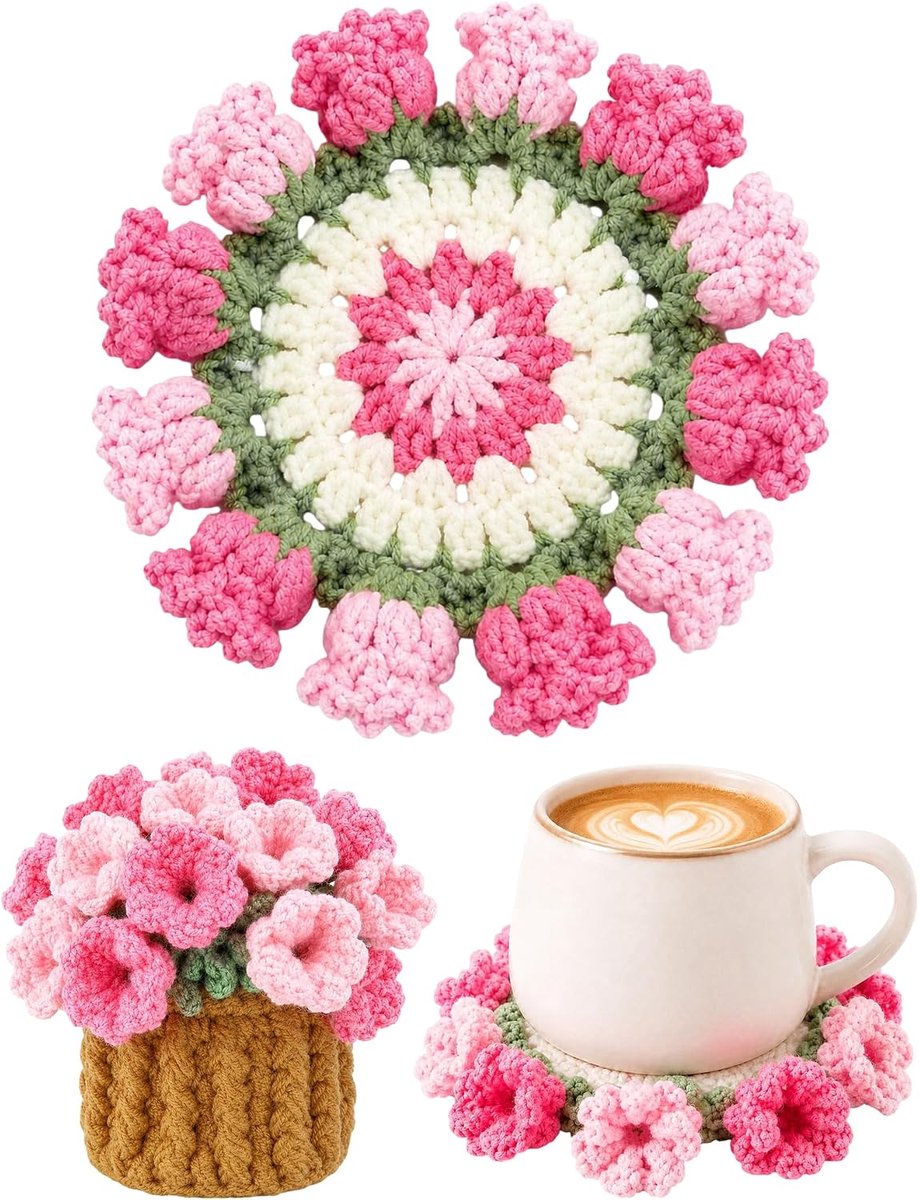 Gehaakte Tulpen Onderzetters - Roze Bloemenboeket van Katoen - Woondecoratie voor Bureau en Woonkamer - Origineel Cadeau