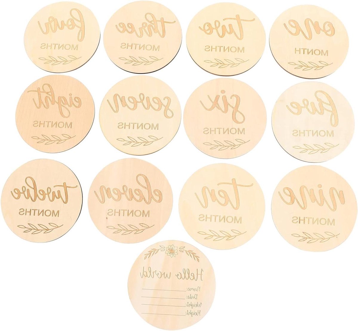 Houten Mijlpaalkaarten Baby - Maandkaarten Baby - Babyfotografie Vastleggen - 13 Stuks Set - 10x10cm - Houtkleur