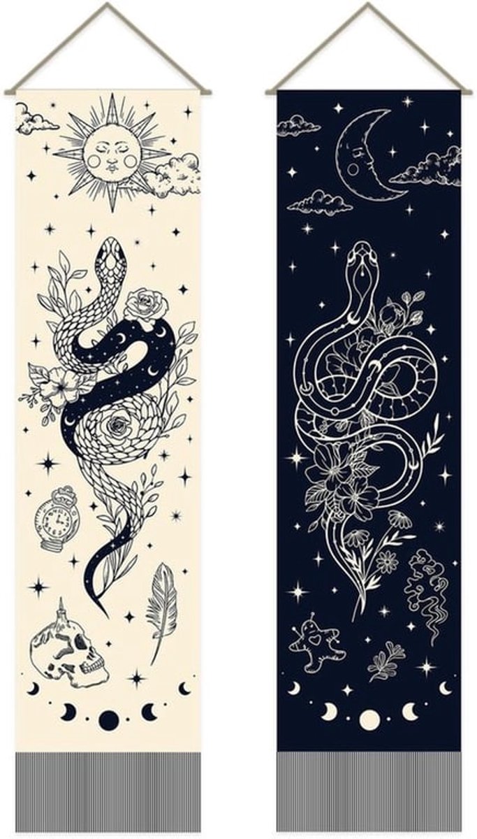 Wandtapijt Set van 2 - Bohemien Slangenprint - Mystiek Wandkleed - Kwastje - 30 x 130 cm - Verticaal Design - Muurtapijt