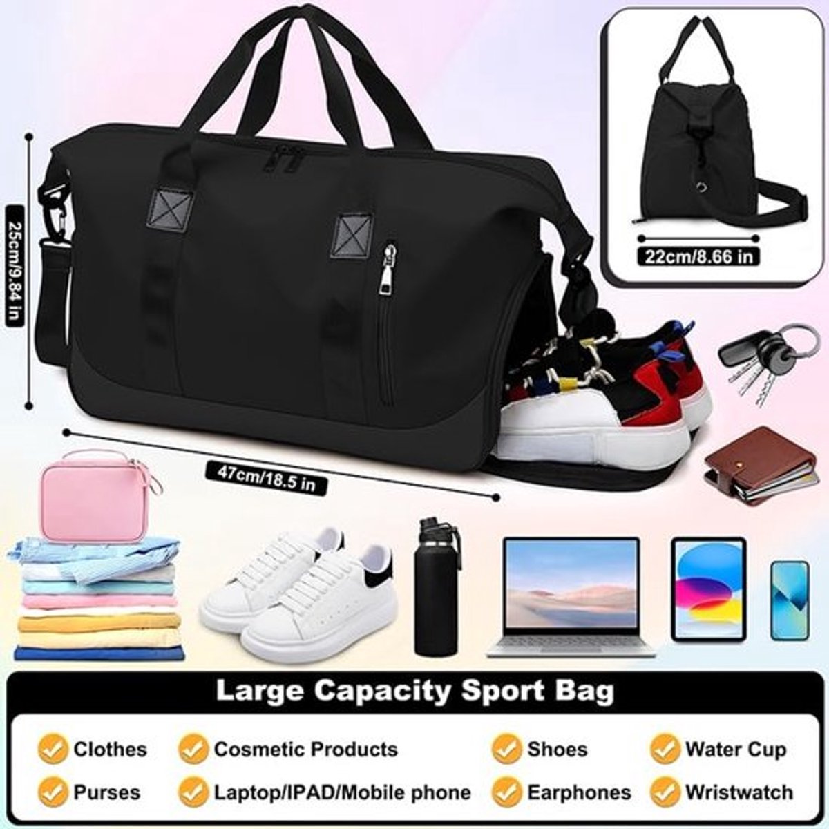 Thijox - Reistas Sporttas Weekendtas Duffelbag Sport Rugzak Zwemtas Draagbare Waterdichte Heren Sporttas - Opvouwbaar Reis Handbagage Tas - Zwart
