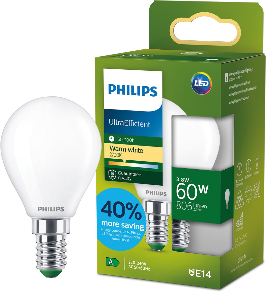 Philips LED Philips ultraefficient led lamp - 25w - e14 fitting - warmwit licht: 2700k - helder glas - p45 kogellamp - lange levensduur