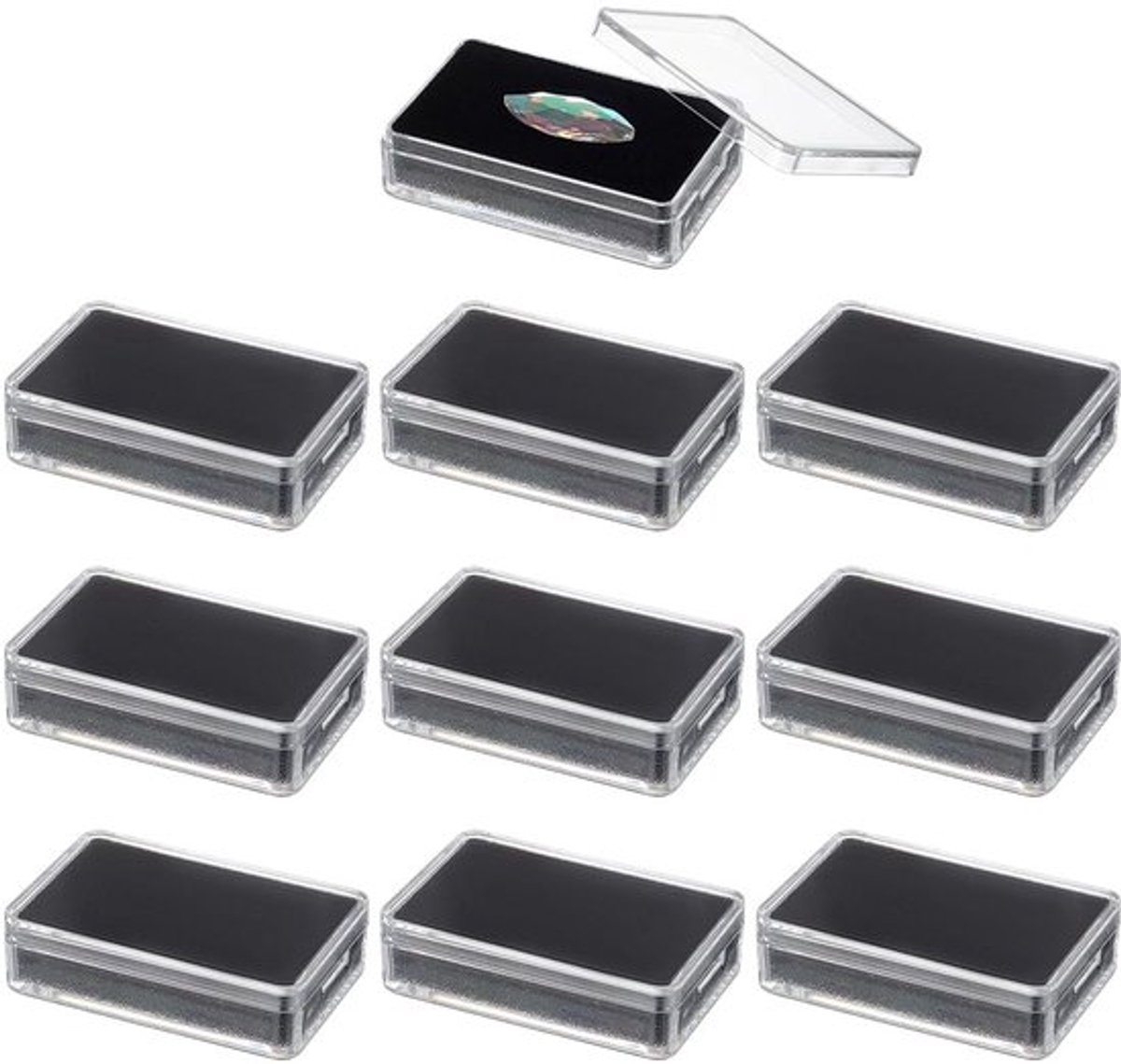 Sieradendoos 12 stuks - Rechthoekige Plastic Dozen - Edelsteen/Accessoires Display - Zwart met Spons - 5,7x3,7x1,5 cm - Duurzaam Materiaal - Opbergdozen