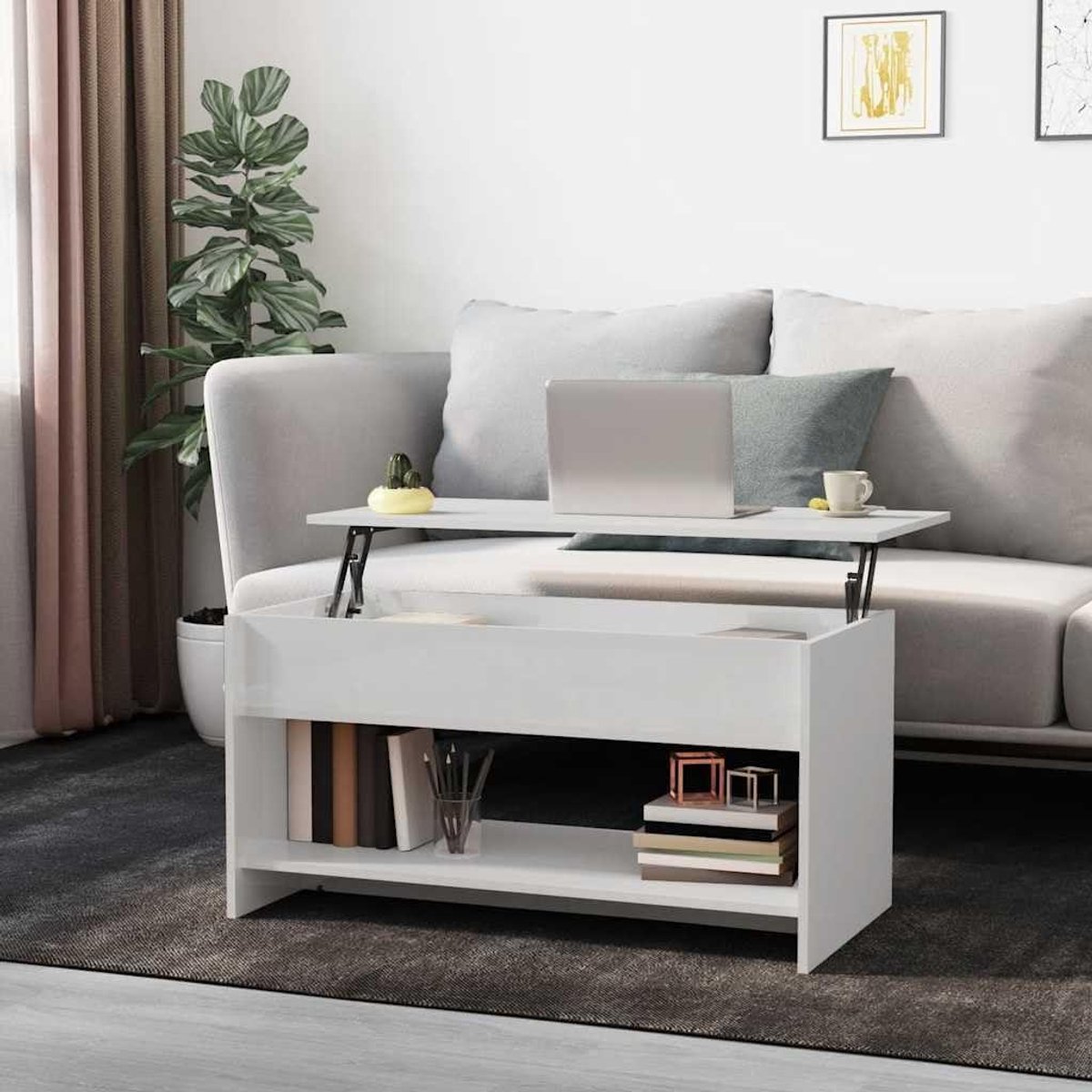 Salontafel - Woonkamertafel - Opbergen en Gebruiken - Verstelbaar Tafelblad - 102 x 50 x 525 cm - Hoogglans Wit