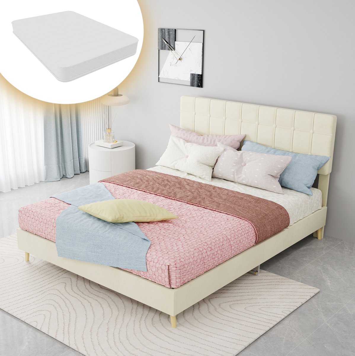 COVREO Bedframe 140x200 cm beige stof en metaal, met zacht hoofdbord