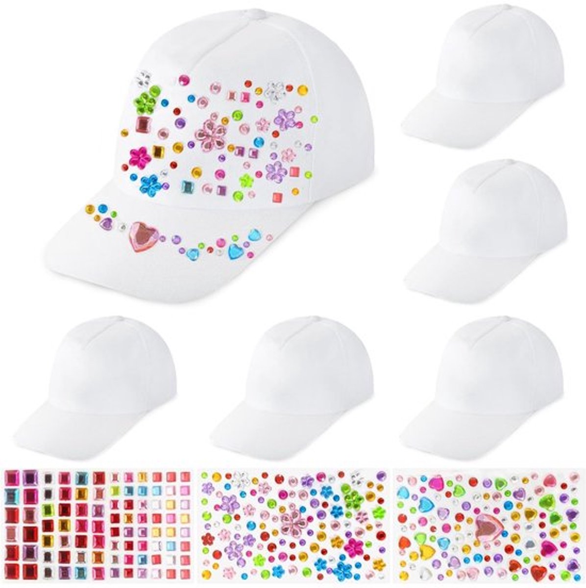 Kinderpet 6 Stuks - Doe-Het-Zelf Baseballpet - Polyester - Kindermuts 52-55 cm - Inclusief Edelsteenstickers - Creatieve Personalisatie - Honkbalpet