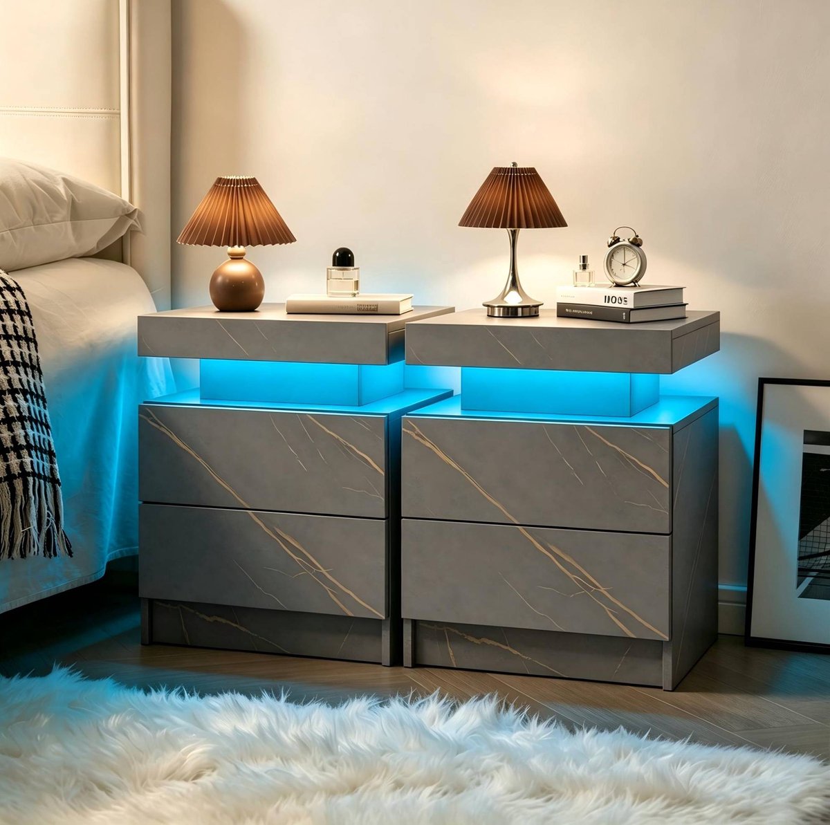 LED Nachtkastje Set Van 2 - 2 Lades - 49 x 34,8 x 52,1 cm - Spaanplaat - Grijs Goud - Modern - Slaapkamer