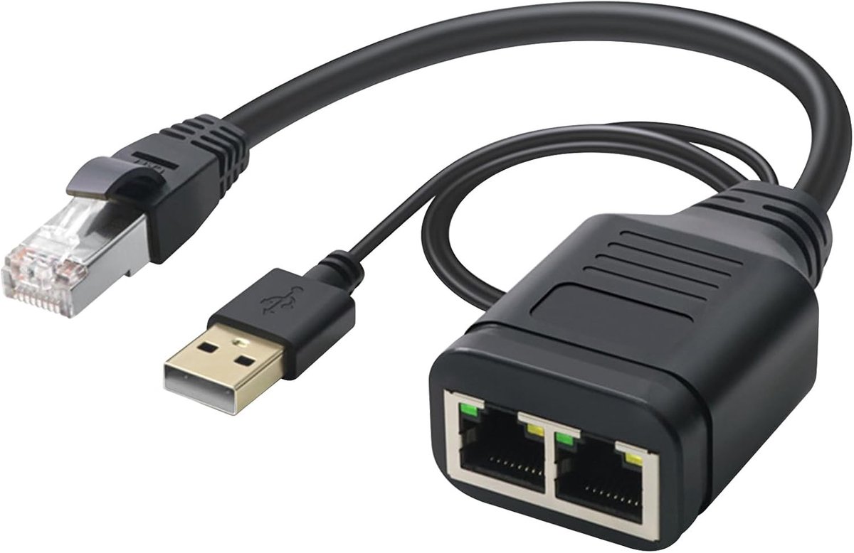 Netwerksplitter - Zilver - Ethernet 1 naar 2 Poorten - Met USB Voedingskabel - Voor Router, PC en TV-box