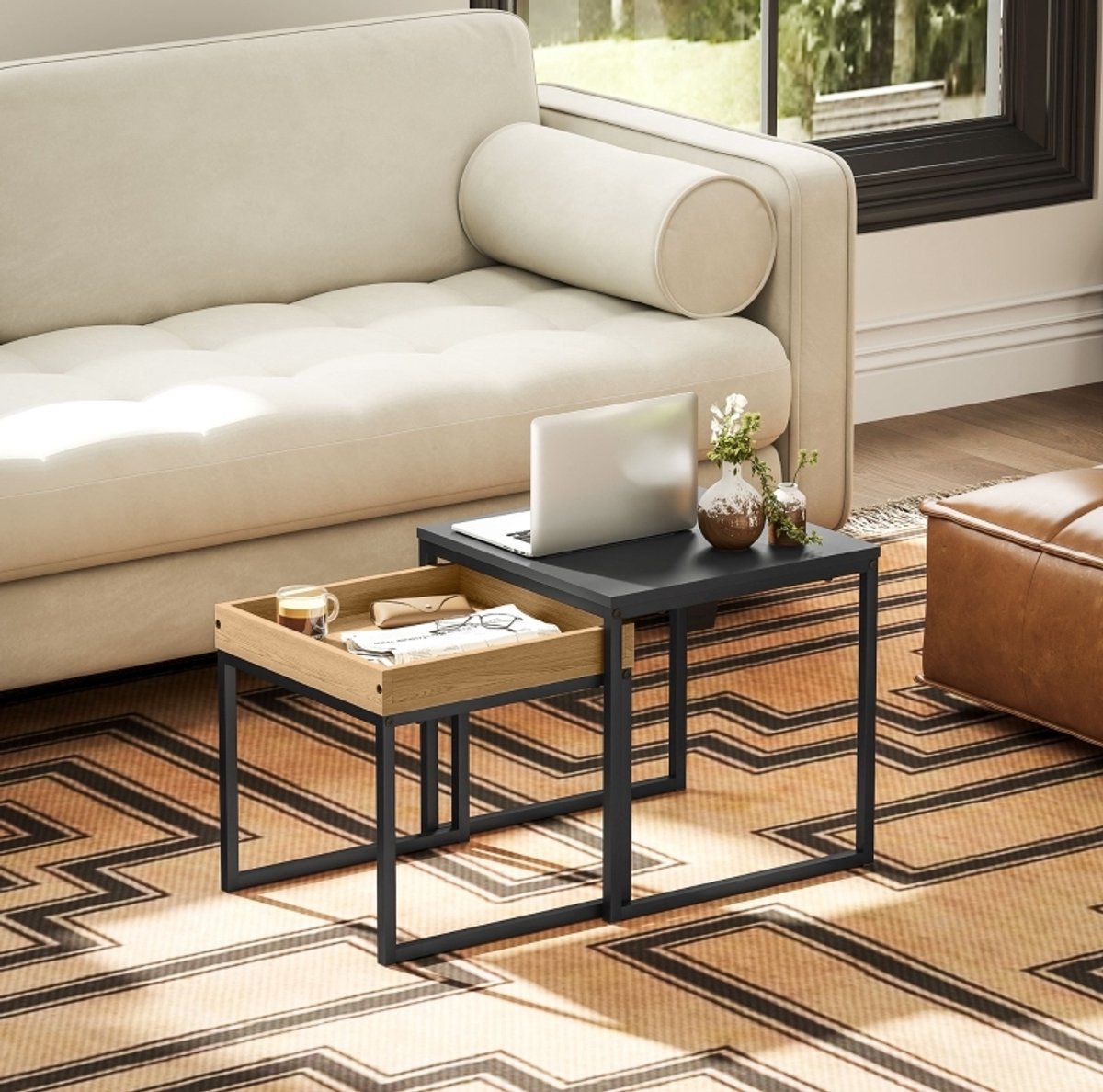 DESMIU Salontafel Set Van 2 Vierkant Modern Voor Kleine Ruimtes Met Afneembaar Dienblad MDF Metaal Zwart 45x45x45 Cm