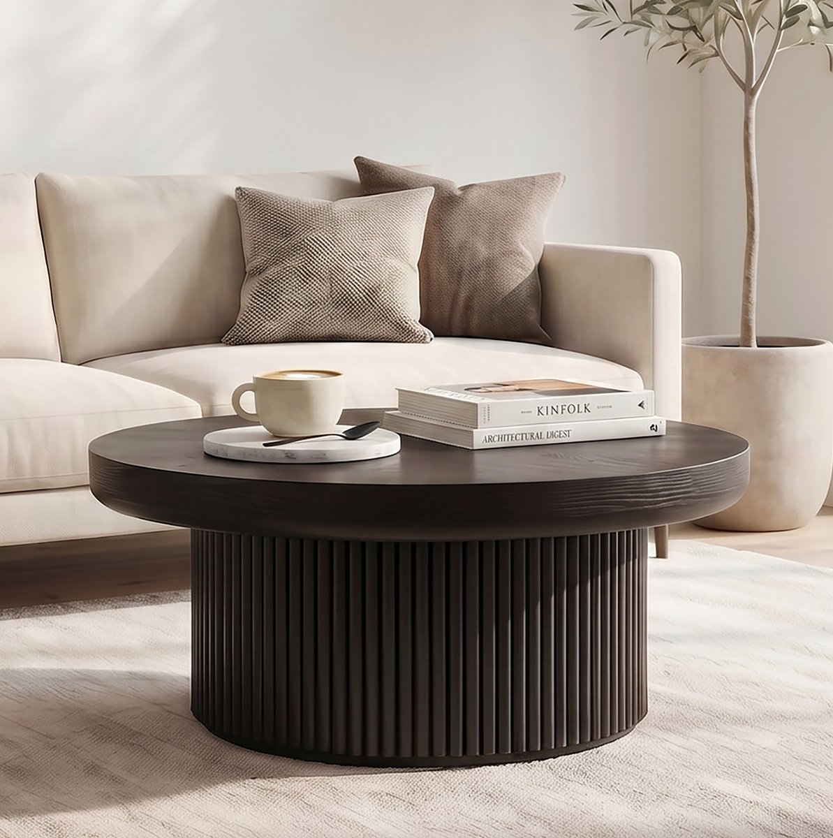 DESMIU Salontafel - Ronde Zwarte Tafel Met Dik Tafelblad En Geprofileerde Cilinderbasis - Voor Woonkamer En Zitruimte - 78 Cm