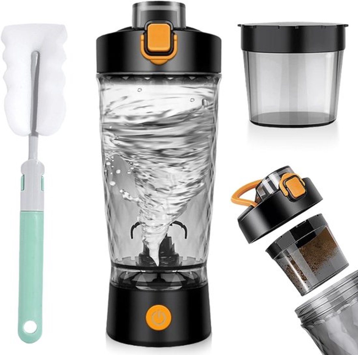 Automatische elektrische shaker van 600 ml met poedervak, USB-oplaadbaar en BPA-vrij voor het snel en eenvoudig maken van proteïne- en melkshakes