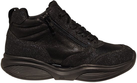 Zwarte Xsensible sneaker met rits en glitters, vetersluiting.