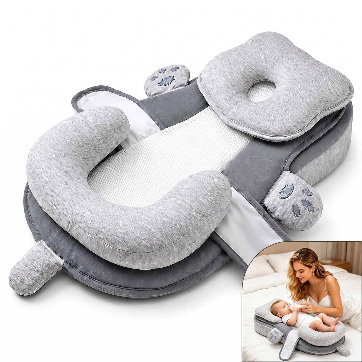 Namajunas - Voedingskussen met Afneembare - 63x42cm - Wasbaar - Uniek Design - 15° wetenschappelijk perspectief - Zwangerschapskussen - Multifunctioneel - Comfortabel Ondersteuningskussen voor Borstvoeding - Teddybeerpatroon - Grijs