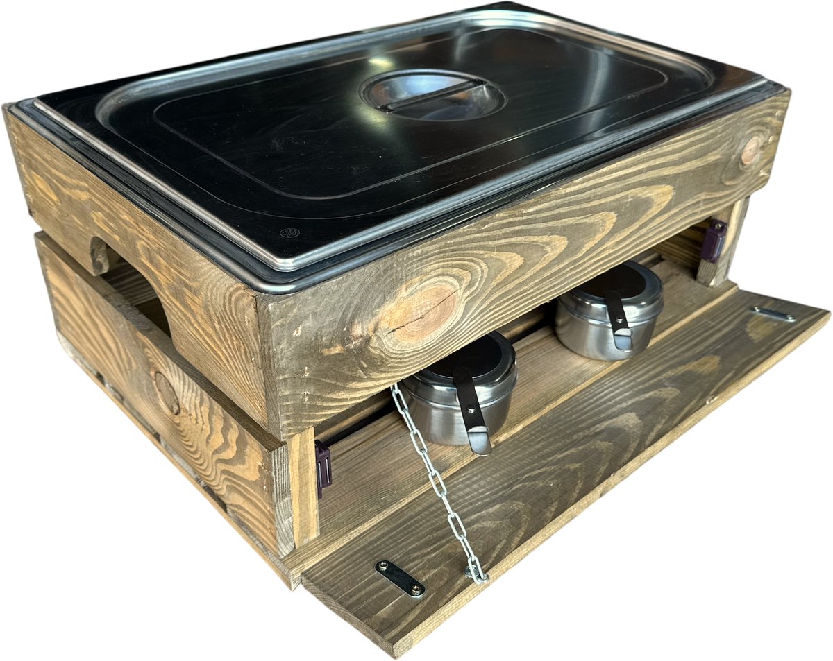 Kist voor gastronormbak nieuw Old Brown 55.5cm losse plank - magneetjes - set van drie kisten -( Geschikt voor waterbak en binnenbak chafing dish )