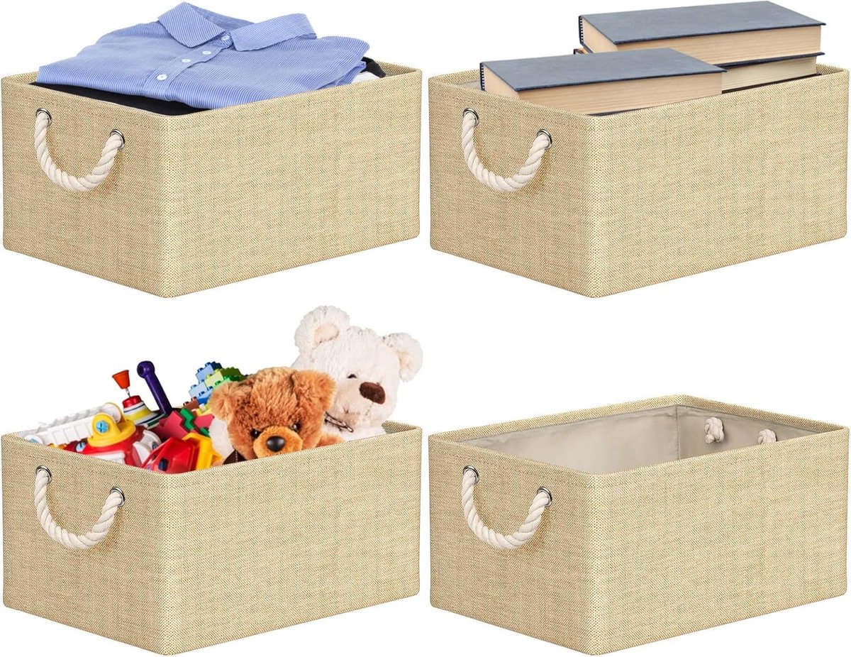 4 stuks opvouwbare opbergdozen met handgrepen, 40 x 30 x 20 cm, beige linnen canvas opbergmanden
