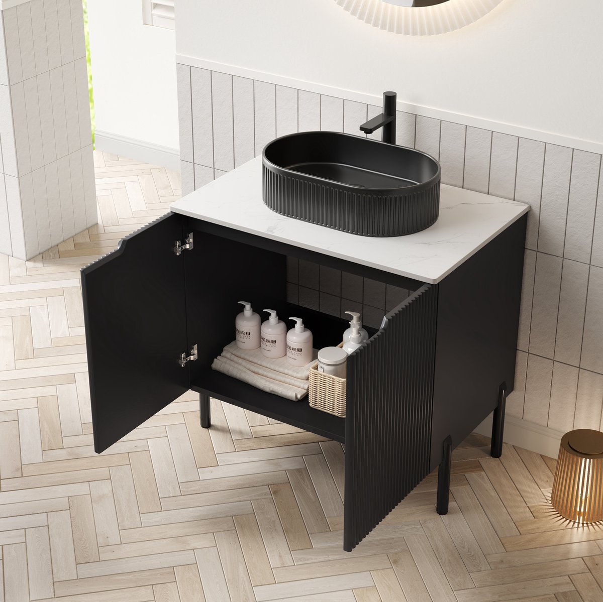 HAUSS SPOLE Badkamerkast Met Wastafel - Vrijstaand Met Ovale Keramische Waskom En 2 Deuren - Voor Badkamer - Keramiek En Steen - 76x48x88 Cm - Zwart Wit