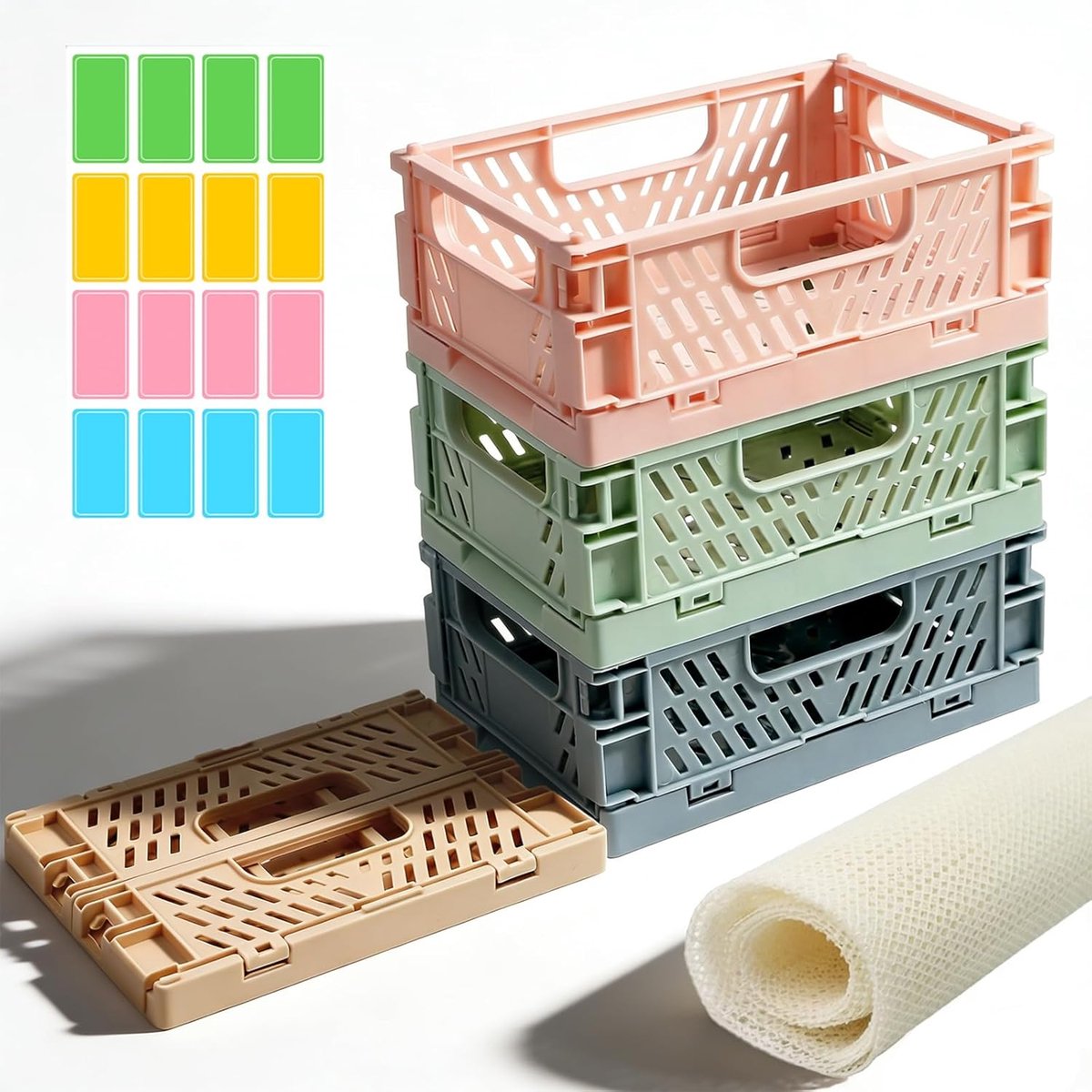 4 stuks kleine klapdozen, opvouwbare opbergmanden, 15 x 10 x 5,7 cm, stabiele klapdozen met kleurrijke blanco etiketten en antislipmatten, voor kast, boekenkast, badkamer en keuken