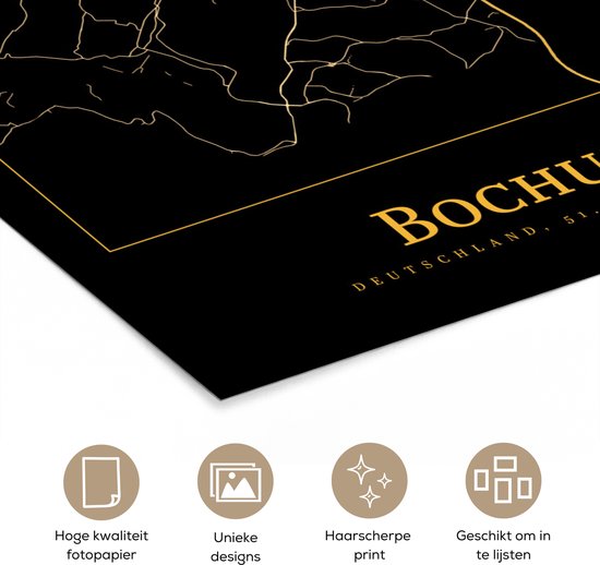 Poster 120x180 cm - Kaart - Bochum - Goud - Zwart - Posters - Kamer decoratie - Wanddecoratie woonkamer - Muurdecoratie slaapkamer XXL