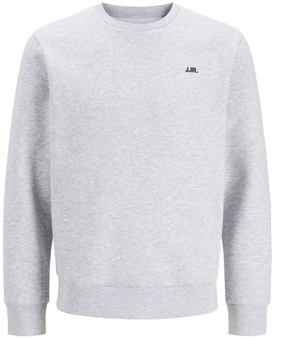 Grijze sweater met ronde hals, zwart 'JJR.' logo op de borst en geribbelde boorden.
