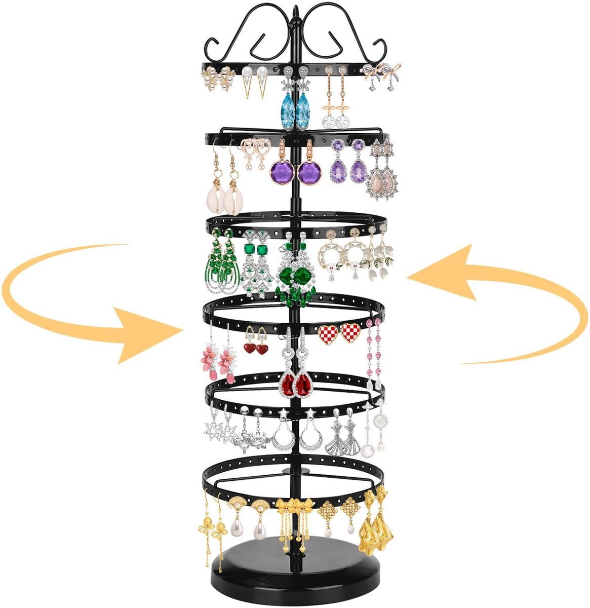 Dailygoods - Oorbelhouder met 6 etages, metalen oorbelstandaard, draaibare sieradenhouder, oorbelhouder, sieradenstandaard, laag sieradenstandaard, voor oorbellen, halskettingen, armbanden (zwart)