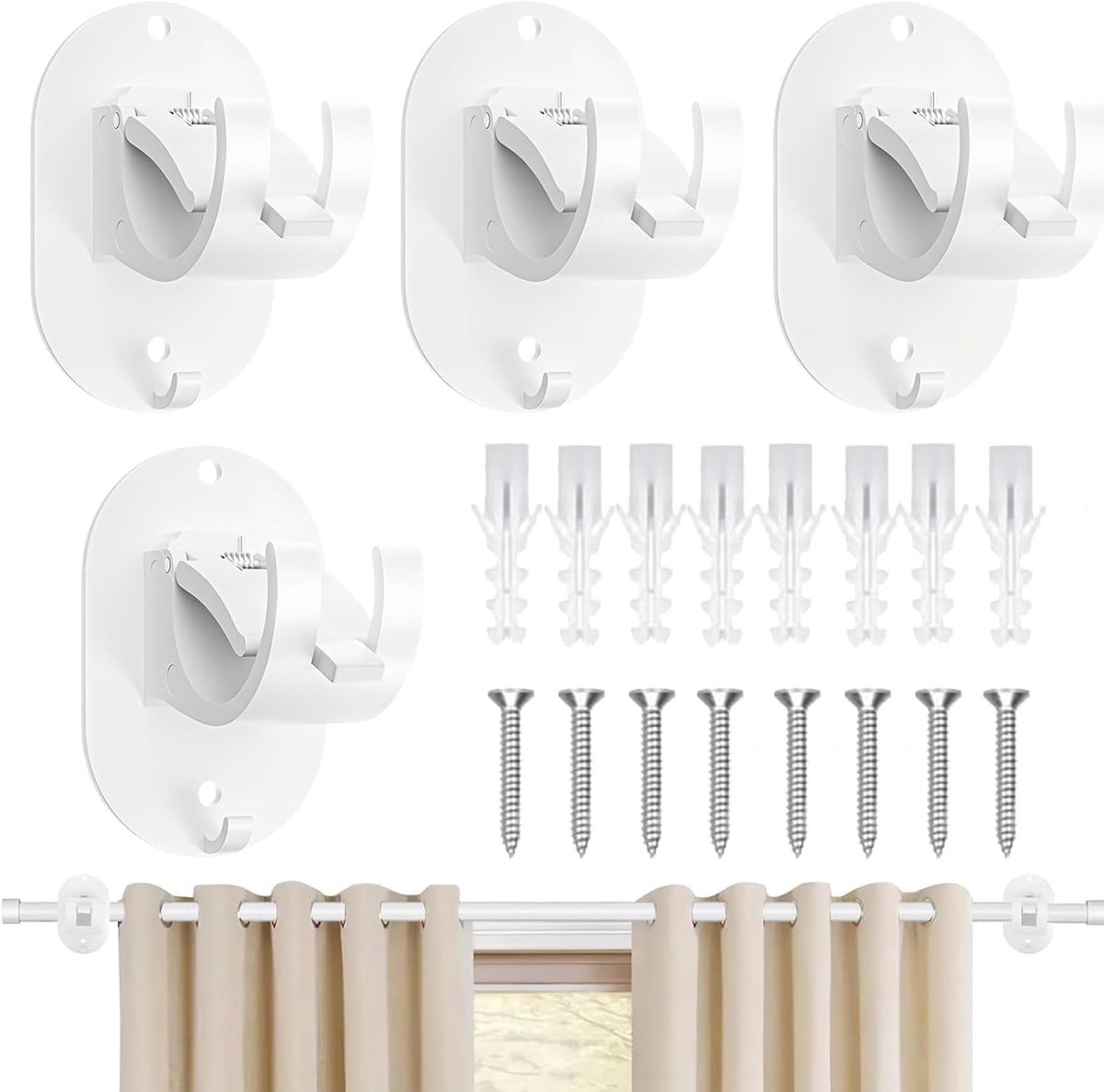 Dailygoods - 2 paar gordijnhaken zonder boren, zelfklevende houders voor gordijnroedes, gordijnroede, verstelbare houders, gordijnstangen verbinden voor de meeste gordijnroedes (wit)