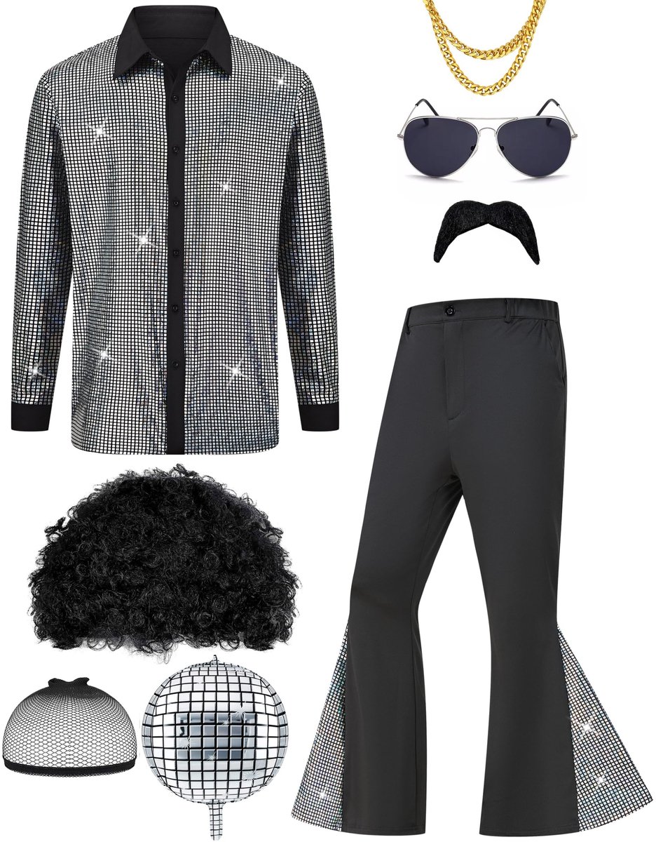 Dailygoods- Discokostuum 70's Retro - Carnaval Kostuum - Verkleedfeest Outfit - Heren Kostuum - Inclusief Accessoires - Duurzaam Materiaal - Carnavalskostuum