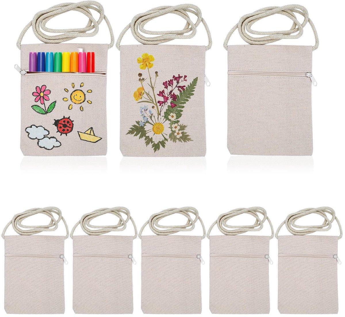 Dailygoods- Stoffen Tas - 8 Stuks - 17 x 13 cm - Polyester - Onbedrukt - Lichtgewicht - Schoudertas met Rits - Canvas Tas