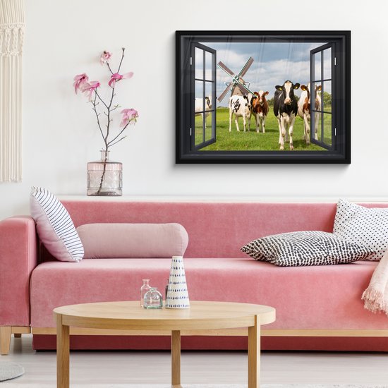 Poster in lijst - Fotolijst 80x60 cm - Posters - Doorkijk - Koe - Molen - Koeien - Weiland - Gras - Groen - Posterlijst zwart - Decoratie - Wanddecoratie woonkamer - Muurdecoratie slaapkamer